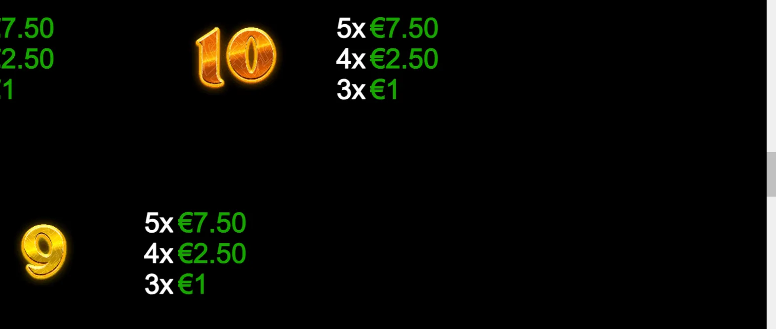 Gold Hit: O'Reilly's Missus paytable detail featuring glowing golden 10 and 9 symbols with matching-count euro payouts on a black background.