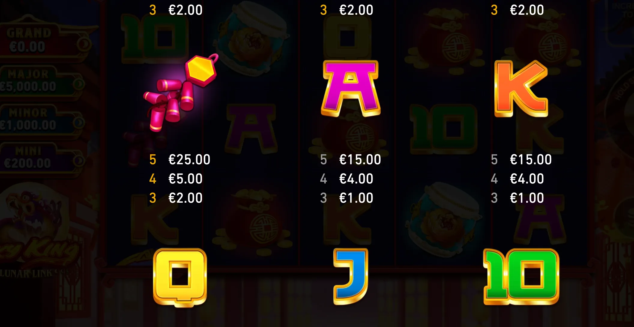 Lunar Link: Sky King paytable featuring colorful firecrackers, Chinese-style coins, and glossy letter and number symbols with euro payouts.