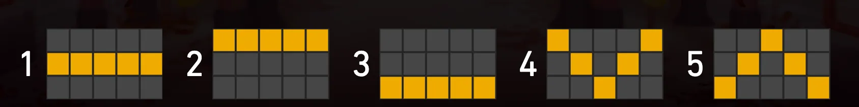 Five numbered 3-by-5 tile grids display different arrangements of yellow highlighted squares against dark gray cells.
