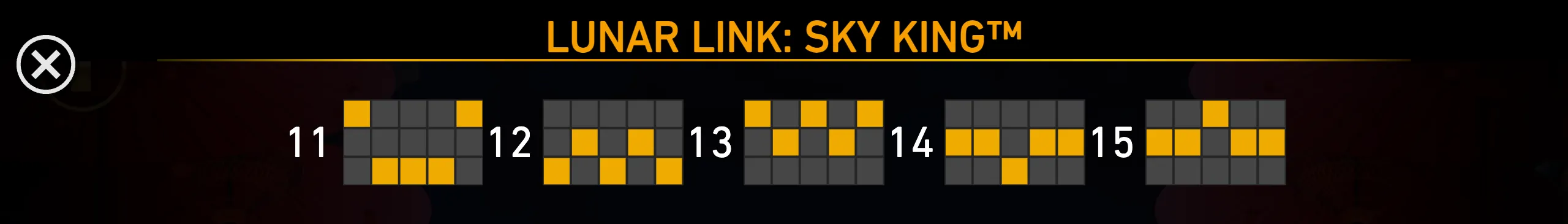 Lunar Link: Sky King title above five numbered 3-by-5 grid patterns, with yellow and dark gray squares arranged in different formations.