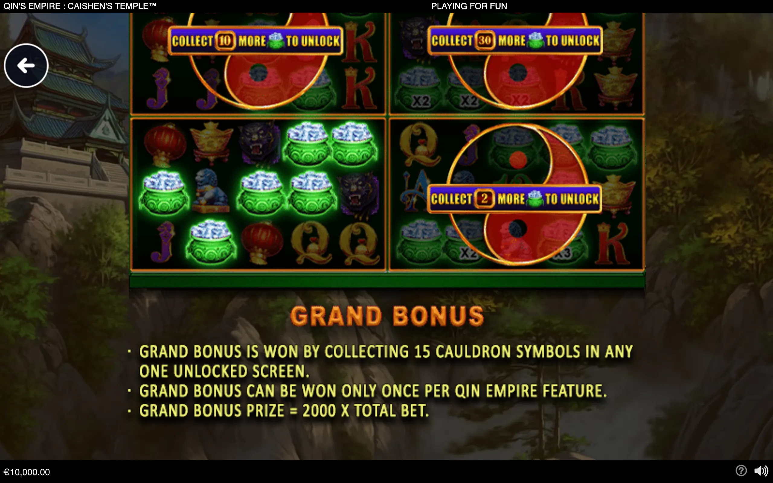 Qin's Empire Caishen's Temple slot feature display with glowing green treasure cauldrons, Chinese temple imagery, bonus counters, and Grand Bonus instructions.