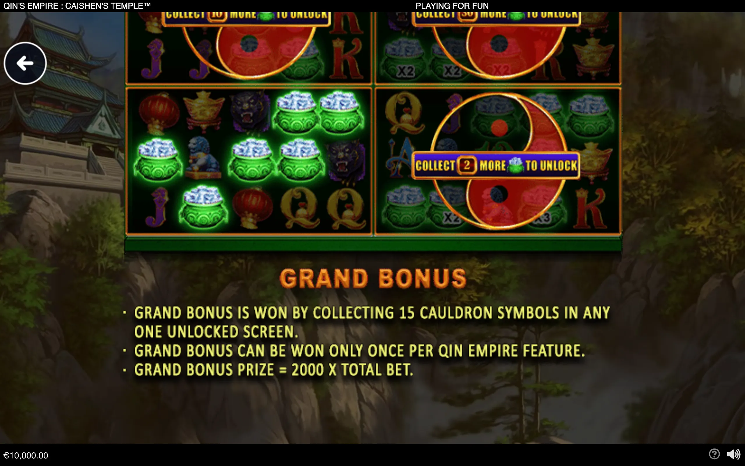 Qin's Empire Caishen's Temple slot feature guide with glowing green treasure cauldrons, Chinese temple symbols, locked bonus panels, and Grand Bonus instructions.