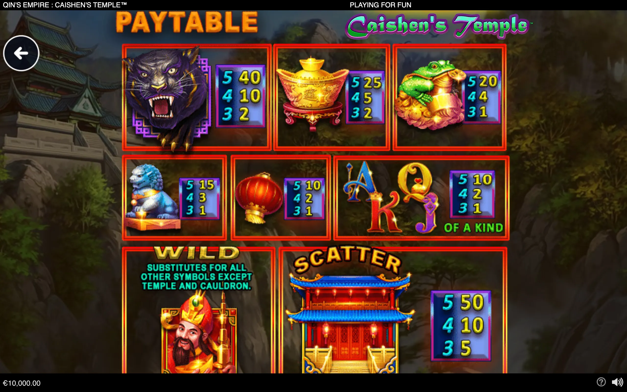 Qin's Empire: Caishen's Temple paytable featuring Chinese temple architecture, a fierce black guardian, golden cauldron, turtle, stone lion, lantern, Caishen wild, and temple scatter symbols.