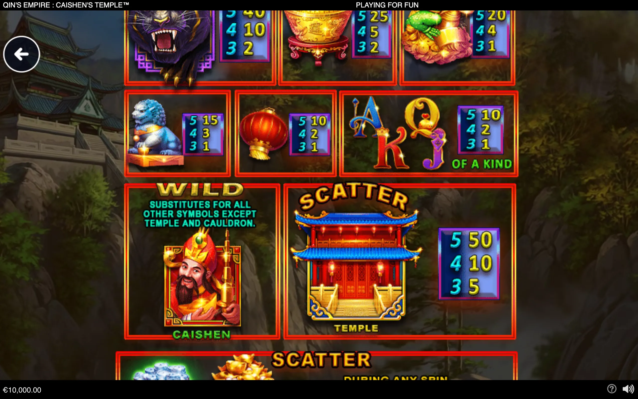 Qin's Empire: Caishen's Temple slot symbols featuring a Chinese temple, bearded wealth deity, guardian lions, gold ingots, lanterns, a cauldron, and payout values against a mountainous temple backdrop.