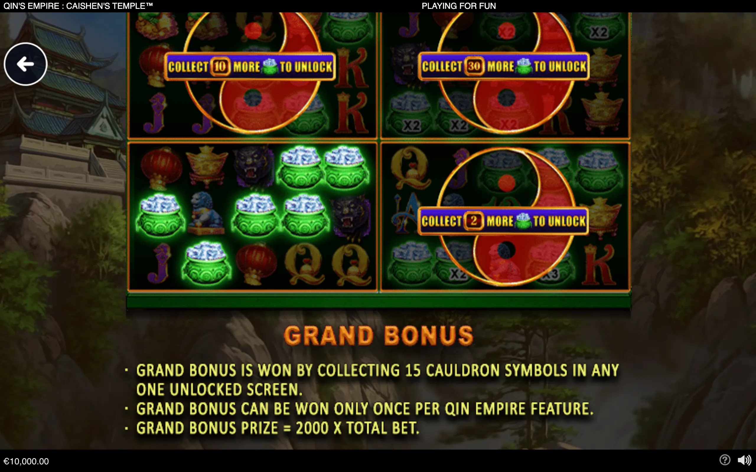 Qin's Empire Caishen's Temple slot interface with glowing green cauldrons, red Chinese lanterns, multiplier symbols, and progress prompts over a traditional Chinese temple backdrop.