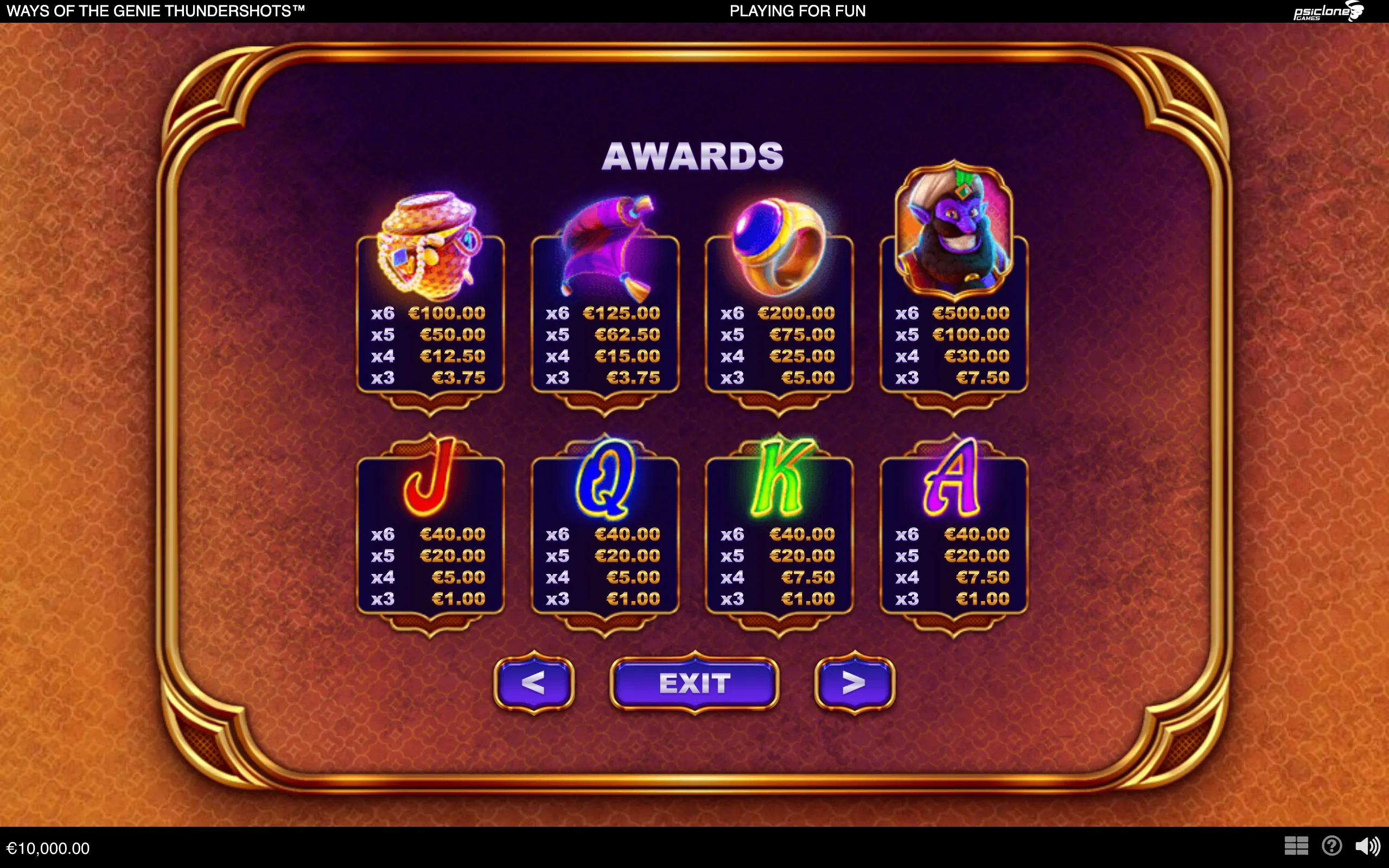 Ways of the Genie Thundershots awards table featuring a masked genie, magical objects, playing-card symbols, and euro payouts in an ornate purple-and-gold Arabian design.