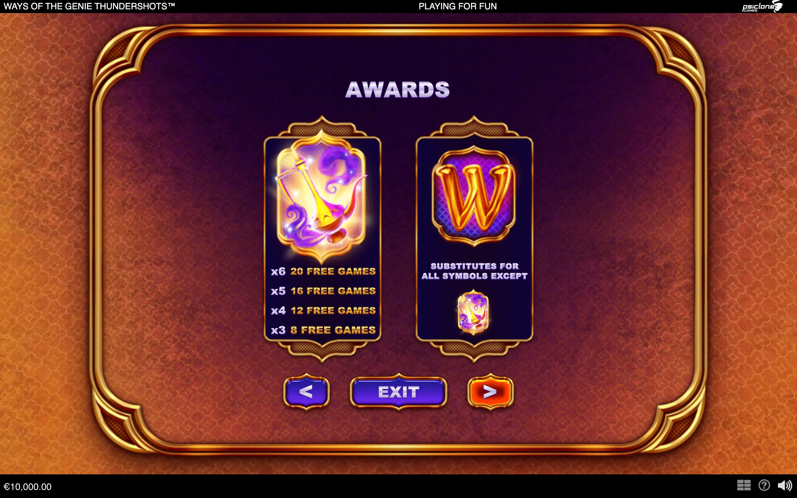 Ways of the Genie Thundershots awards menu with a glowing purple genie lamp, wild W symbol, and ornate gold-and-purple Arabian-inspired interface.