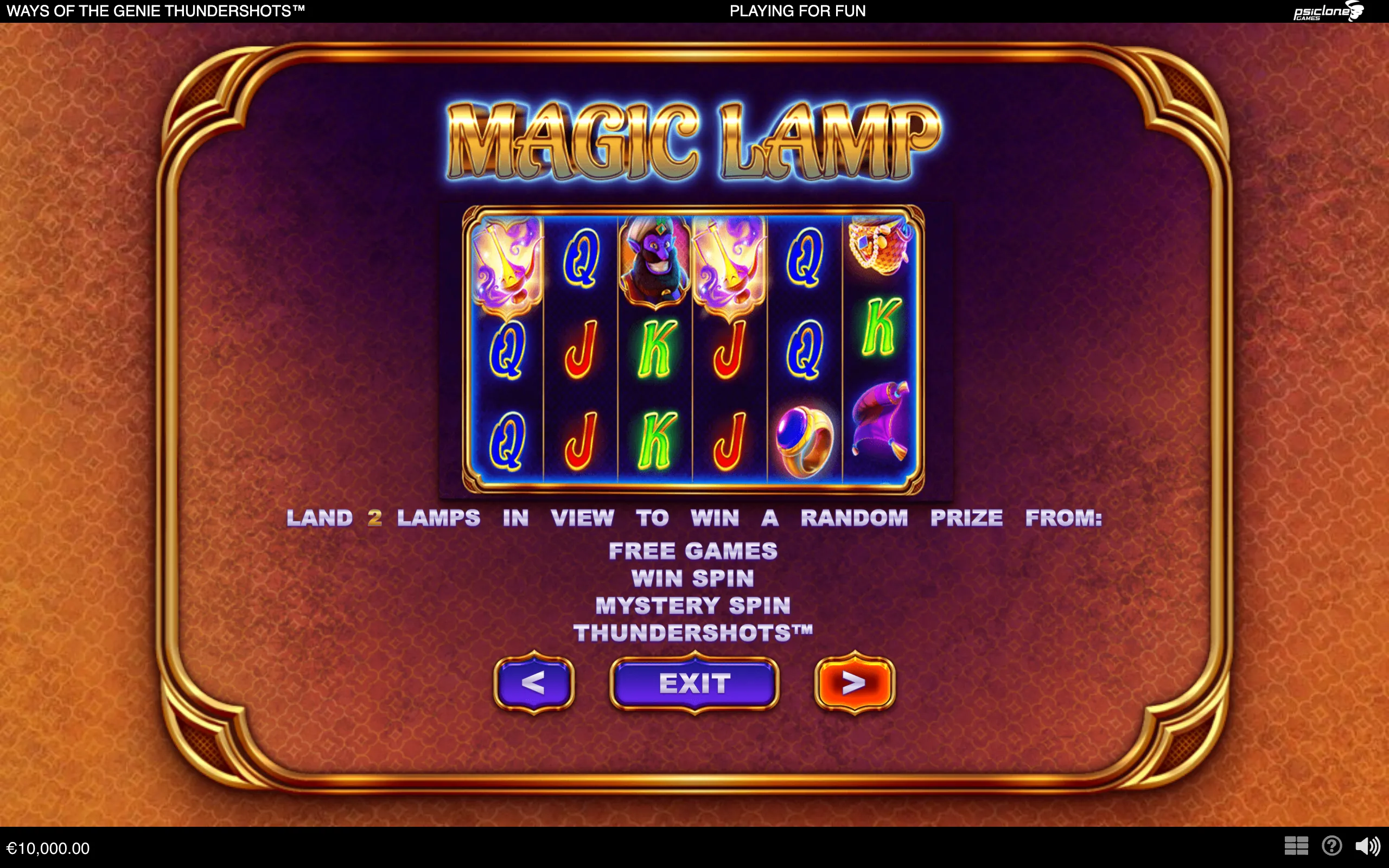Ways of the Genie Thundershots slot interface with a purple genie, magic lamps, fantasy symbols, and gold Arabian-style ornamentation. Text explains that landing two lamps in view can award a random prize.