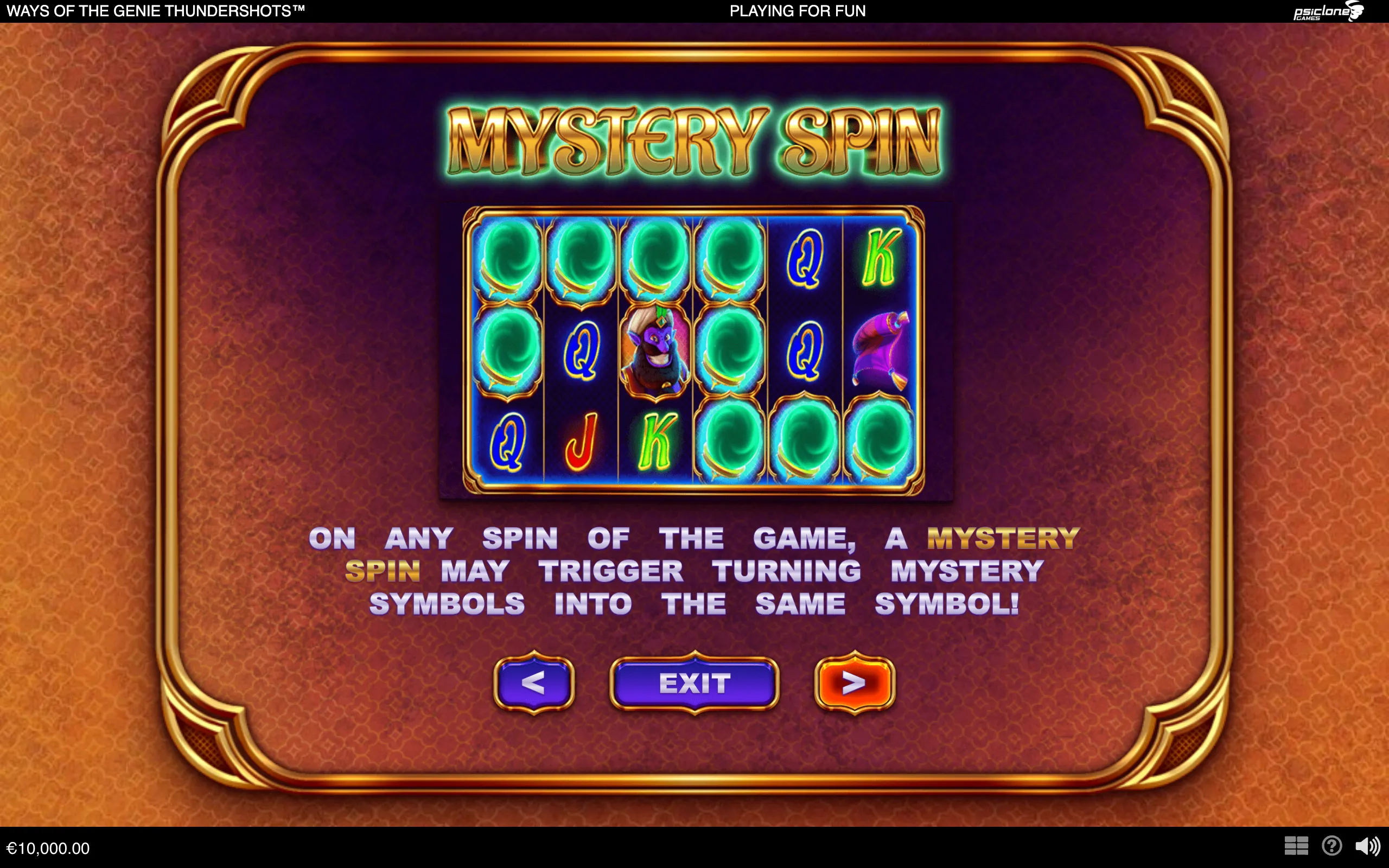 Ways of the Genie Thundershots feature panel with a six-reel slot layout, glowing green mystery symbols, genie-themed character symbols, and instructions for the Mystery Spin.