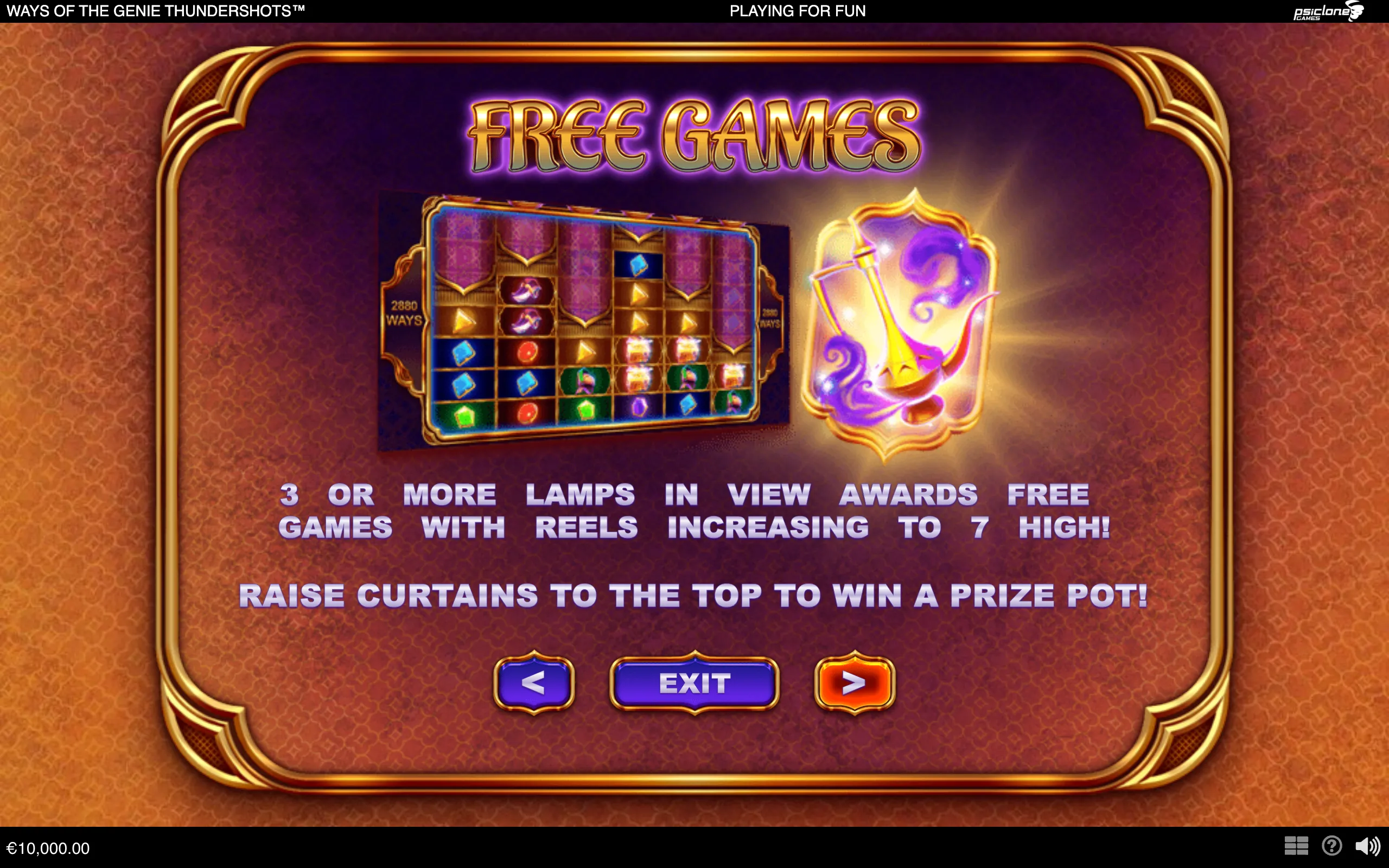Ways of the Genie Thundershots free games feature screen with a glowing purple genie lamp beside expanding slot reels and ornate Arabian-style gold framing.