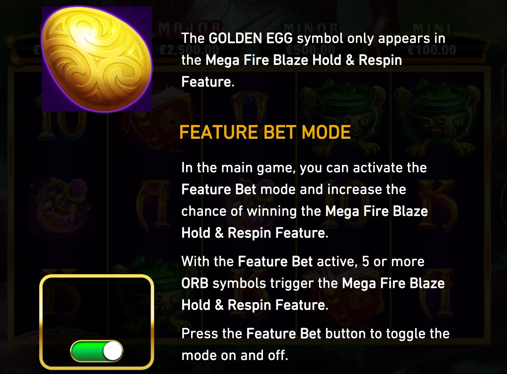 Instructional Mega Fire Blaze: 3 Wizards artwork featuring a glowing golden egg symbol, Feature Bet Mode toggle, and a dark wizard-themed slot reel backdrop.