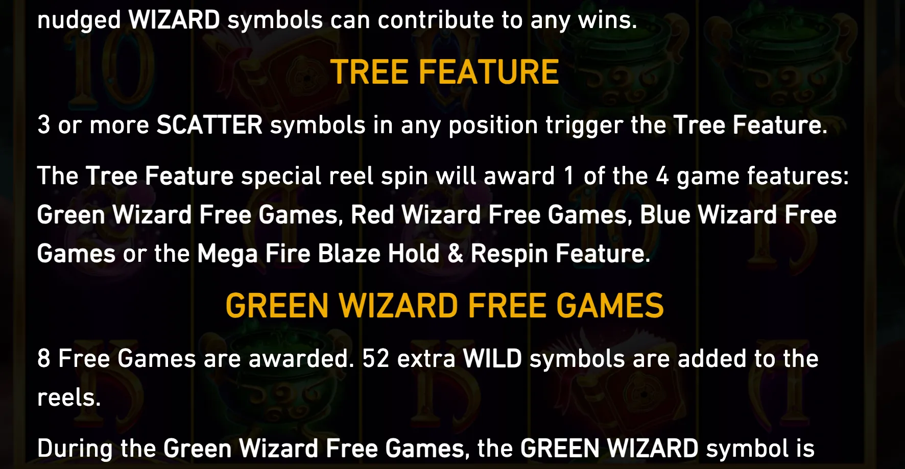 Wizard-themed slot feature guide with text explaining the Tree Feature, scatter trigger, Green Wizard Free Games, extra wild symbols, and four possible bonus modes.