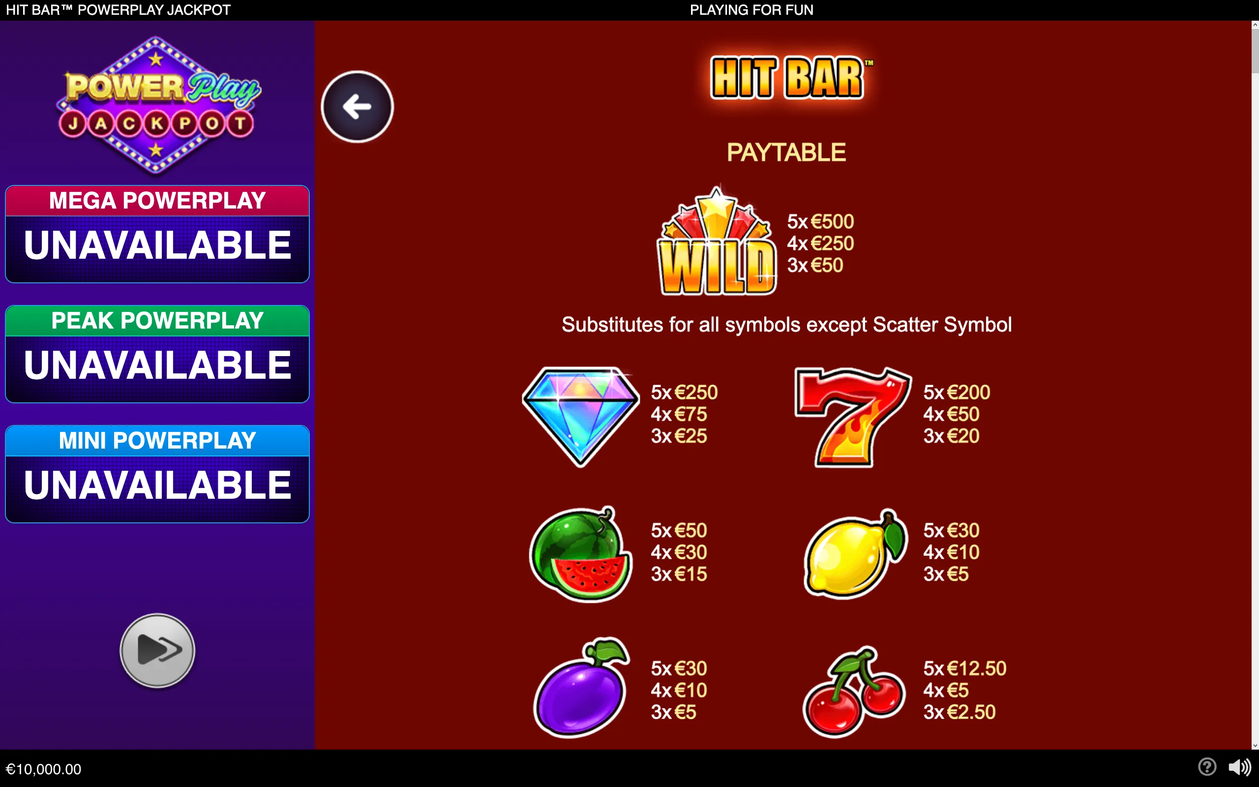 Hit Bar PowerPlay Jackpot paytable with a Wild symbol, classic fruit symbols, listed euro payouts, and PowerPlay jackpot tiers marked unavailable.