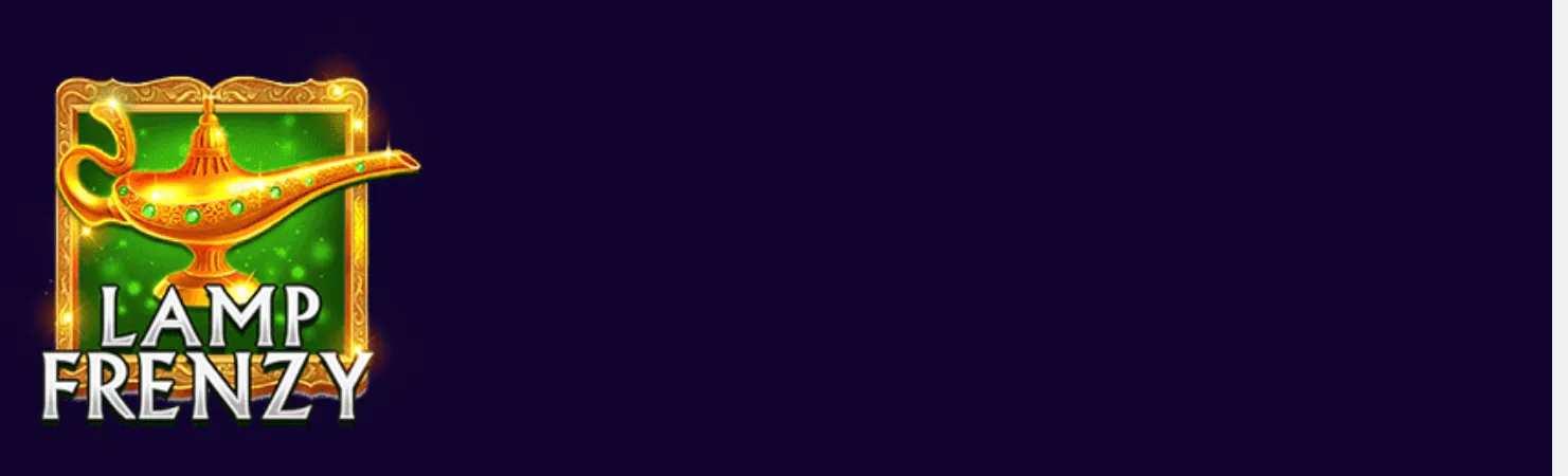 A glowing golden genie lamp with jeweled detailing appears above the bold “Lamp Frenzy” title, set against a deep purple background.