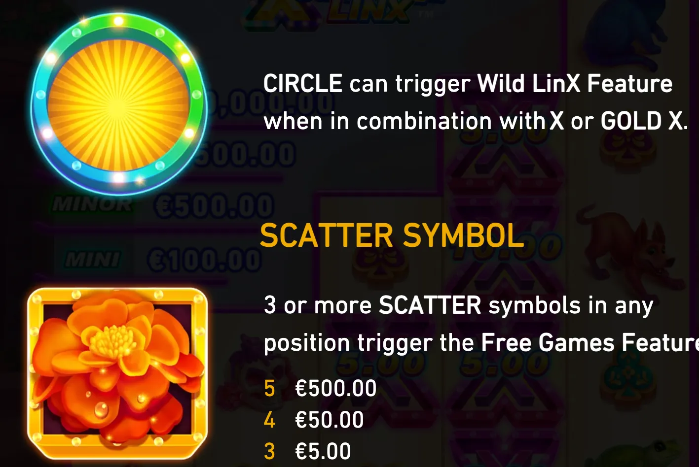 Macabra Linx feature guide with a glowing circular symbol and an orange flower Scatter symbol over a dark slot reel background. Text explains Wild LinX and Free Games triggers.