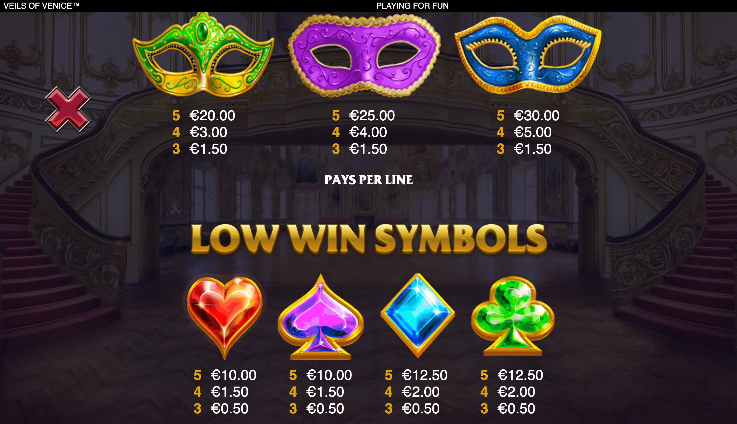 Veils of Venice slot paytable featuring ornate green, purple and blue Venetian masks above colorful heart, spade, diamond and club symbols in a grand palace interior.