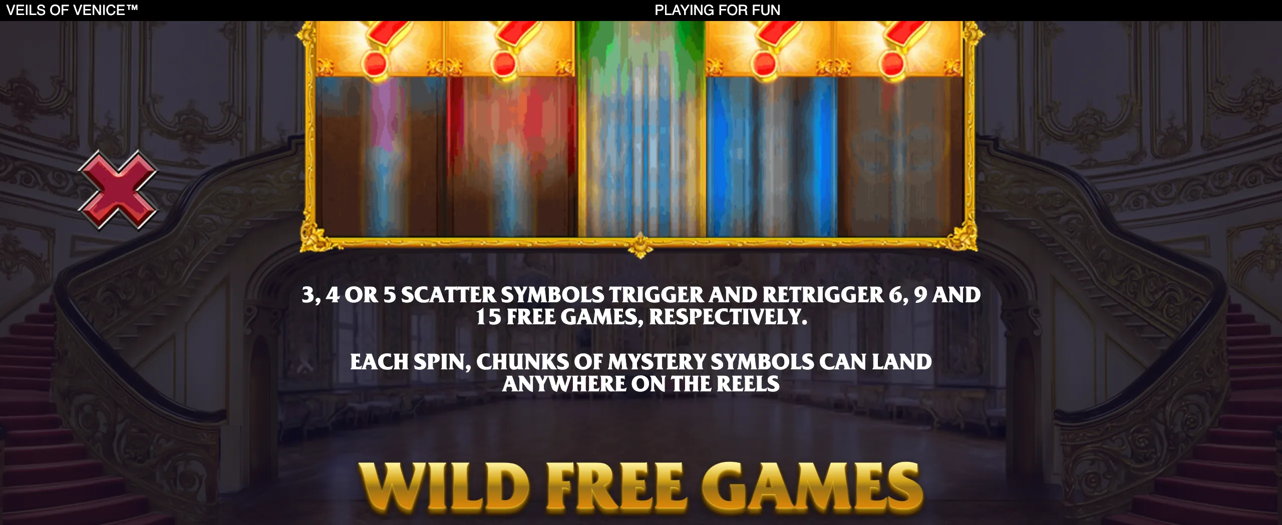 Veils of Venice slot feature preview with ornate gold-framed reels, scatter symbols, and text describing free games and mystery symbol chunks.