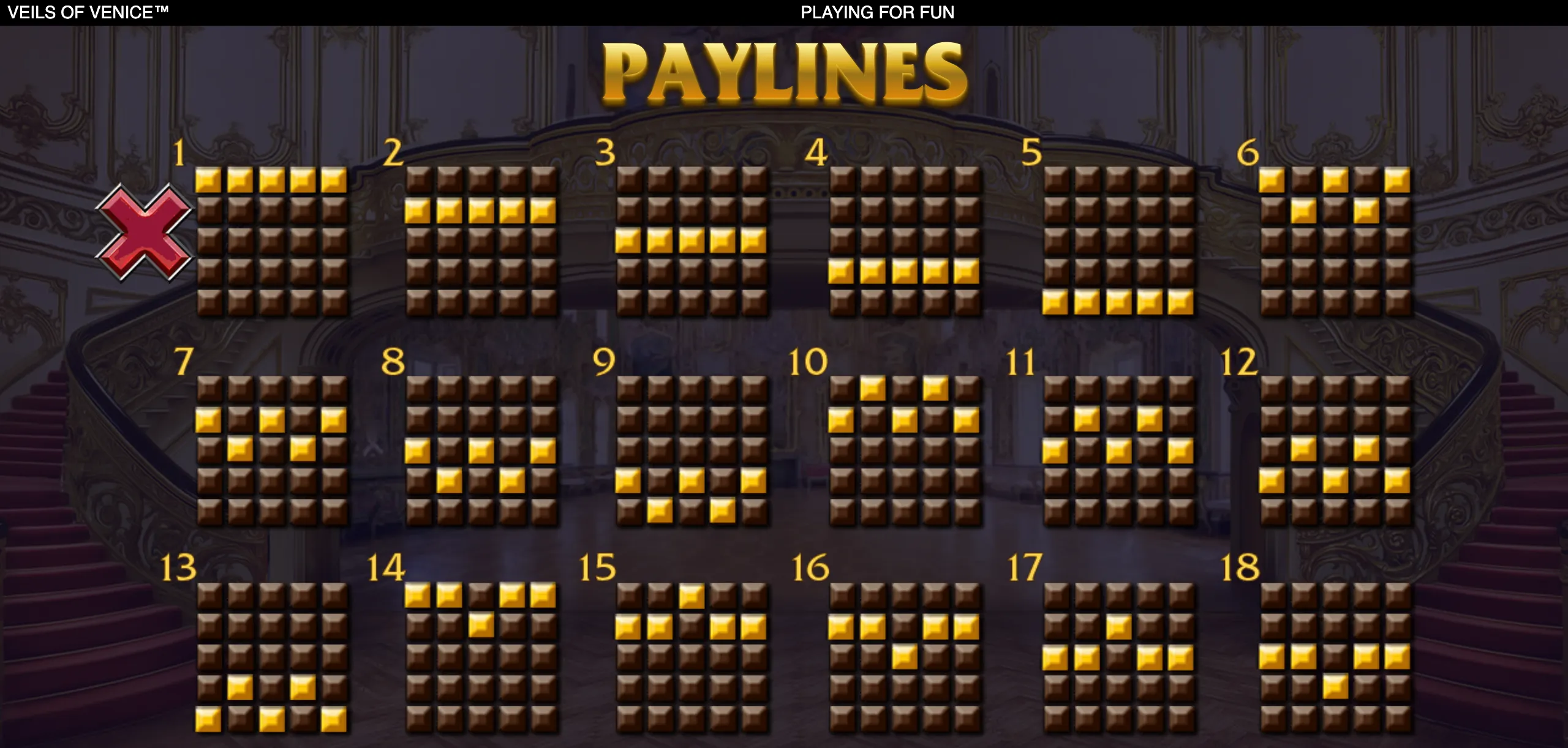 Veils of Venice paylines guide featuring 18 numbered patterns of gold markers across a dark, ornate Venetian theatre backdrop.
