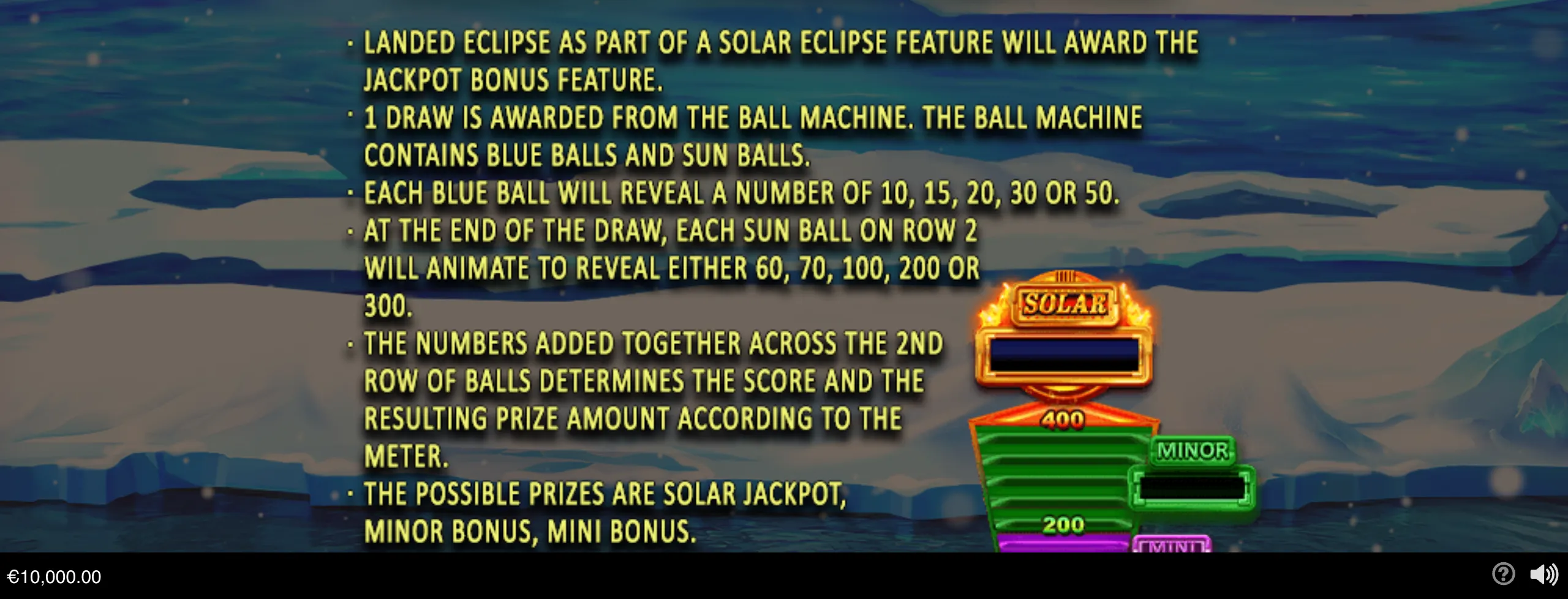 Instruction panel for Solar Eclipse: Northern Winds detailing blue and sun ball values, with a glowing Solar jackpot meter over an icy northern landscape.