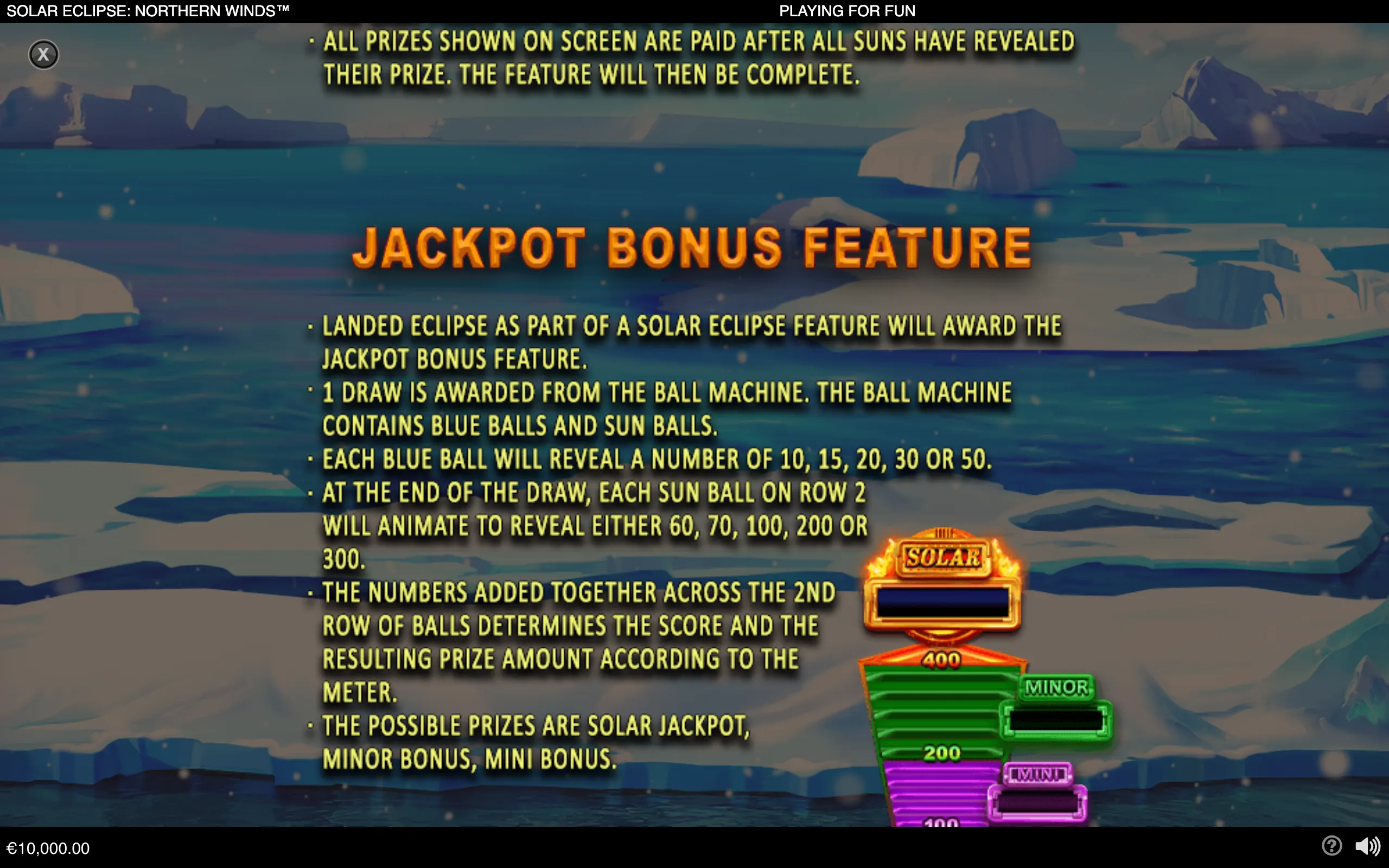 Solar Eclipse: Northern Winds jackpot bonus instructions over an icy Arctic ocean with floating icebergs, explaining blue and sun ball values and Solar, Minor, and Mini prize tiers.