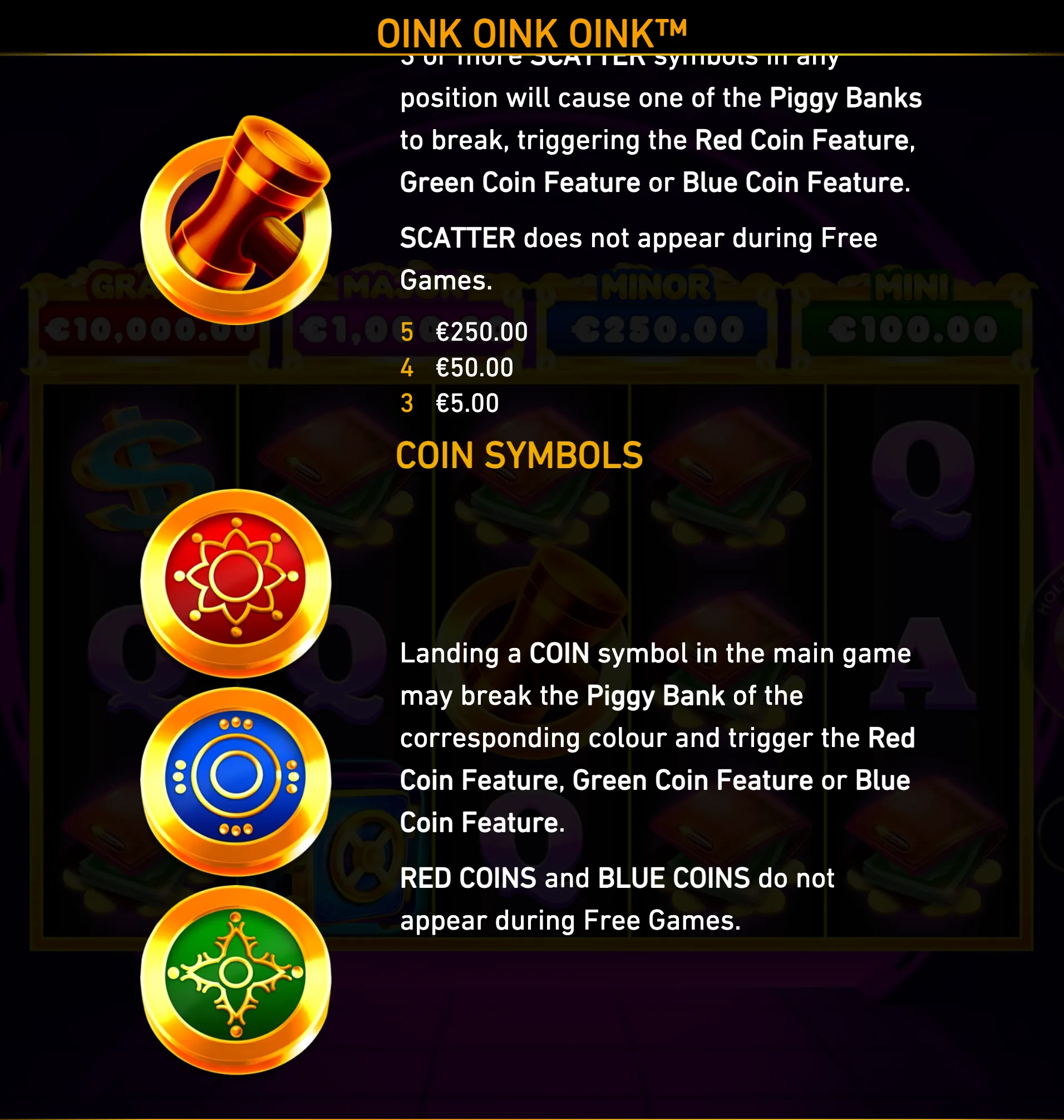 Oink Oink Oink feature guide with red, blue, and green coin symbols, a golden cannon emblem, Piggy Bank jackpot tiers, and reel symbols in the background.