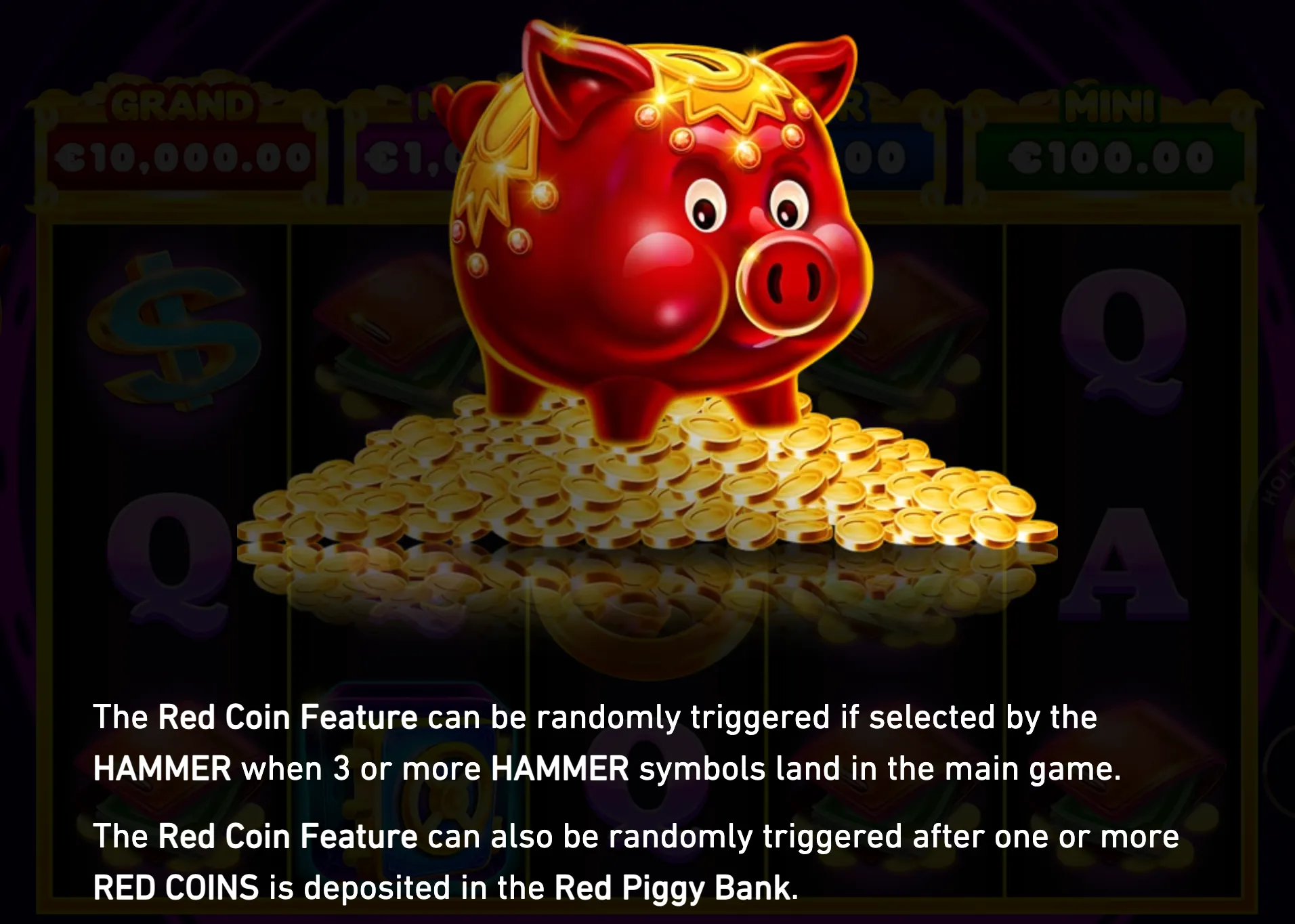 A cheerful red piggy bank wearing a gold crown stands on a mound of gold coins over a colorful slot reel backdrop, with jackpot values visible above.