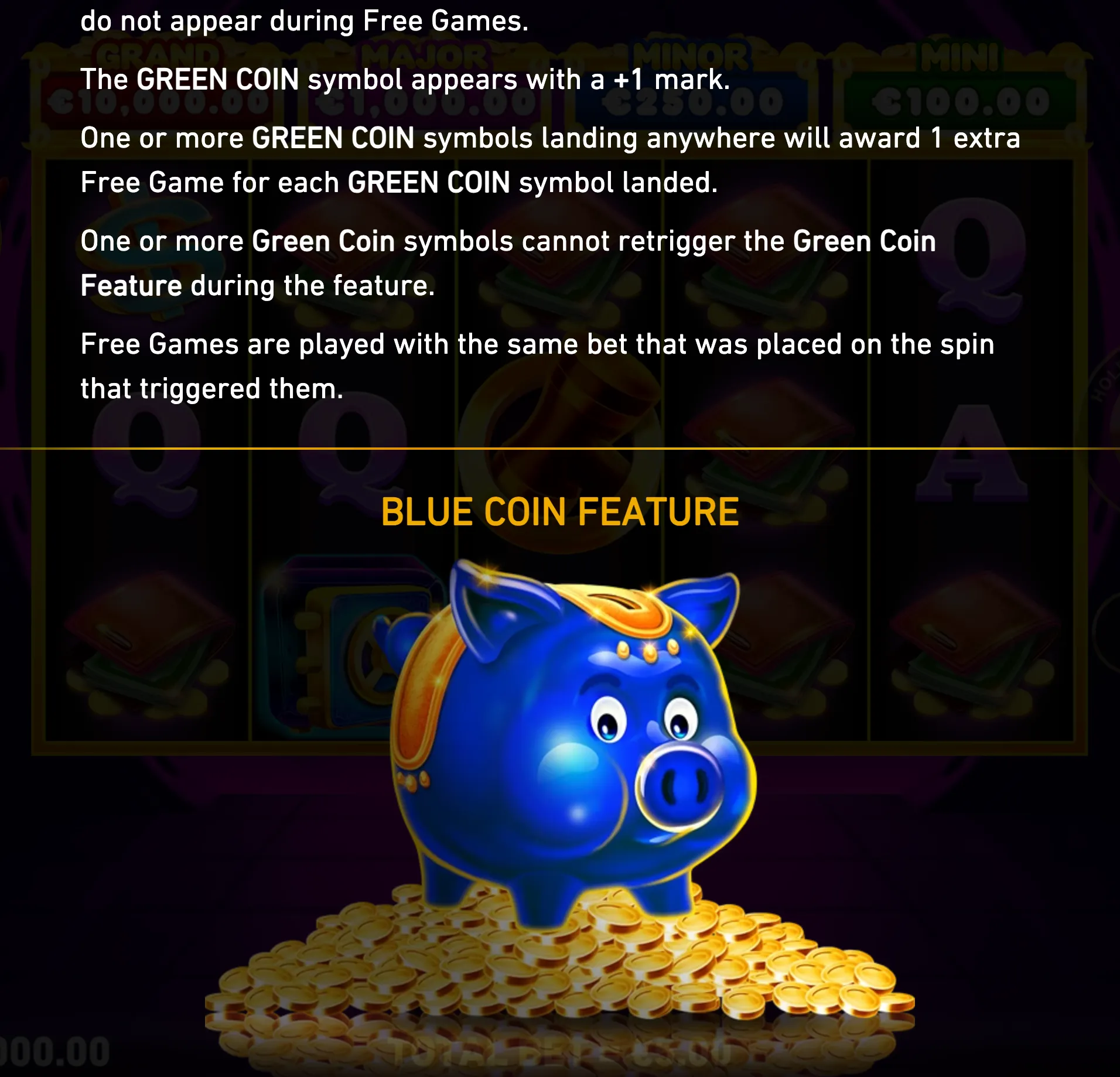 A glossy blue piggy bank stands on a pile of gold coins in front of slot reels labeled with jackpot tiers, while text highlights the Blue Coin Feature and Green Coin bonuses.