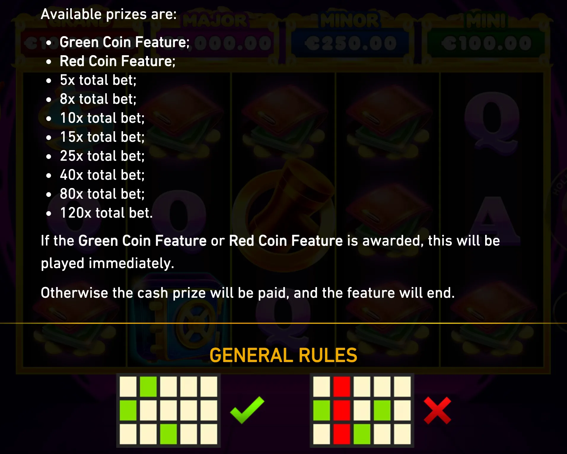 A dark Oink Oink Oink slot rules panel lists coin features, bet-multiplier prizes, and general rules over colorful reels with card, coin, and letter symbols.