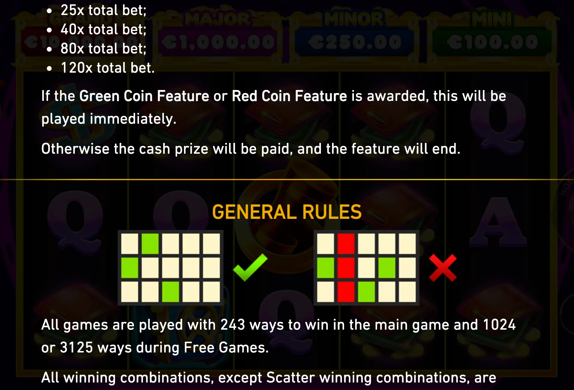 Oink Oink Oink rules panel over a pig-themed slot reel layout, with jackpot tiers, Green and Red Coin Feature instructions, and winning-way diagrams.
