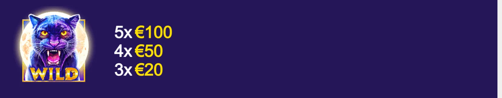 A fierce purple-blue panther Wild symbol appears beside a prize list offering €20, €50, and €100 tiers against a dark purple backdrop.