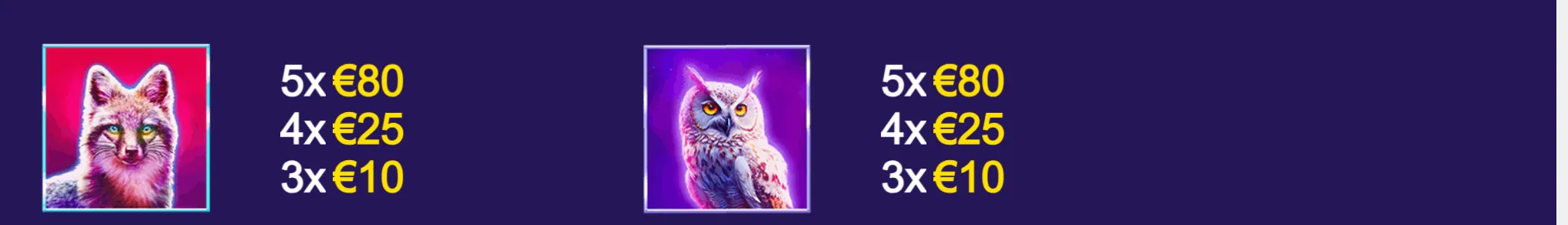 A neon-styled slot symbol panel featuring a feline and an owl against purple and magenta backgrounds, with payout values listed for three, four, and five matching symbols.