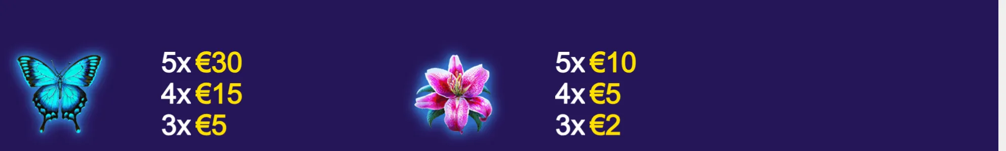 A dark purple slot paytable features a glowing blue butterfly and pink flower, with euro payouts listed for three, four, and five matching symbols.