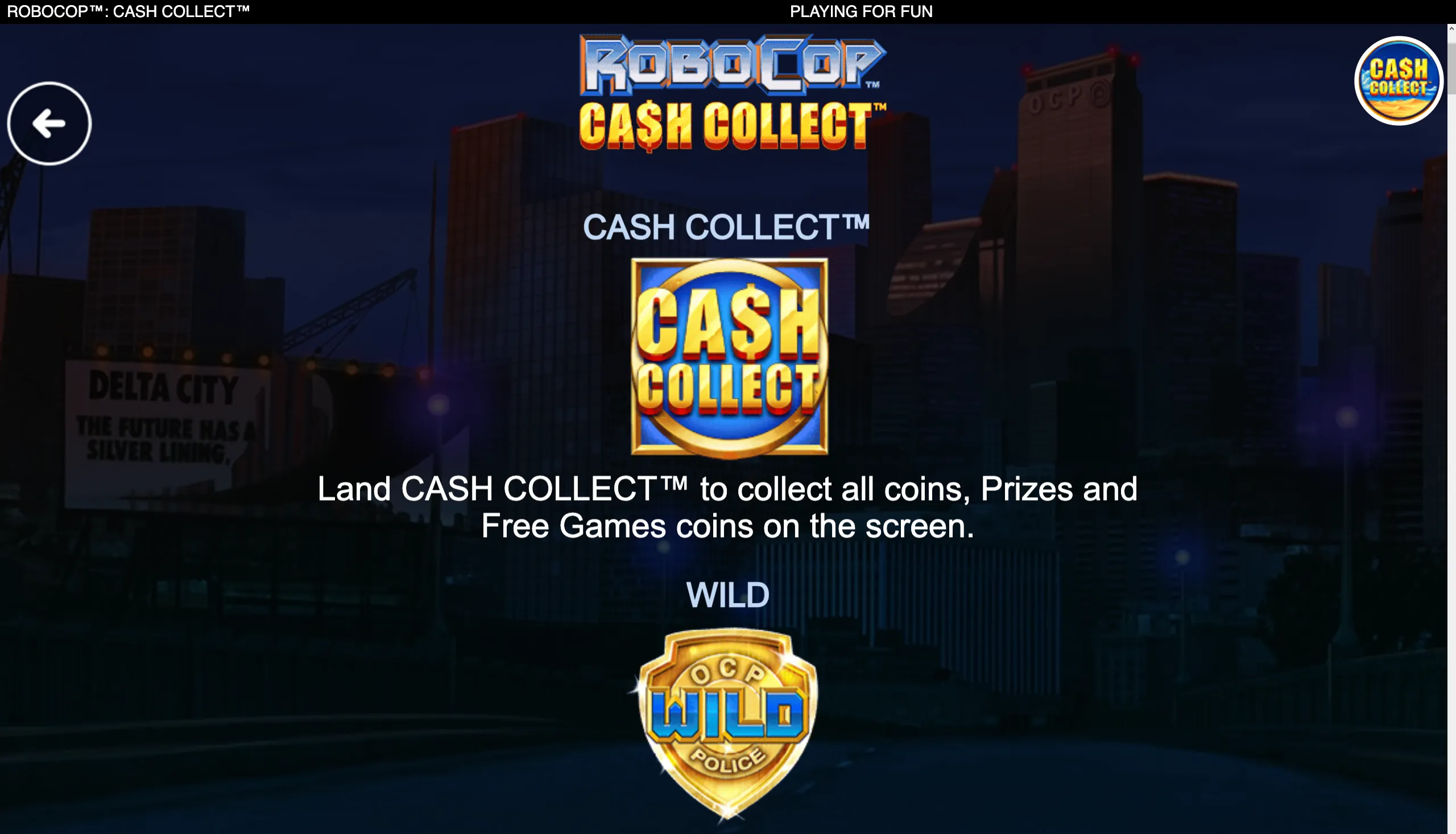 RoboCop: Cash Collect feature guide with a glowing Cash Collect badge and OCP police Wild emblem against a dark futuristic city skyline.