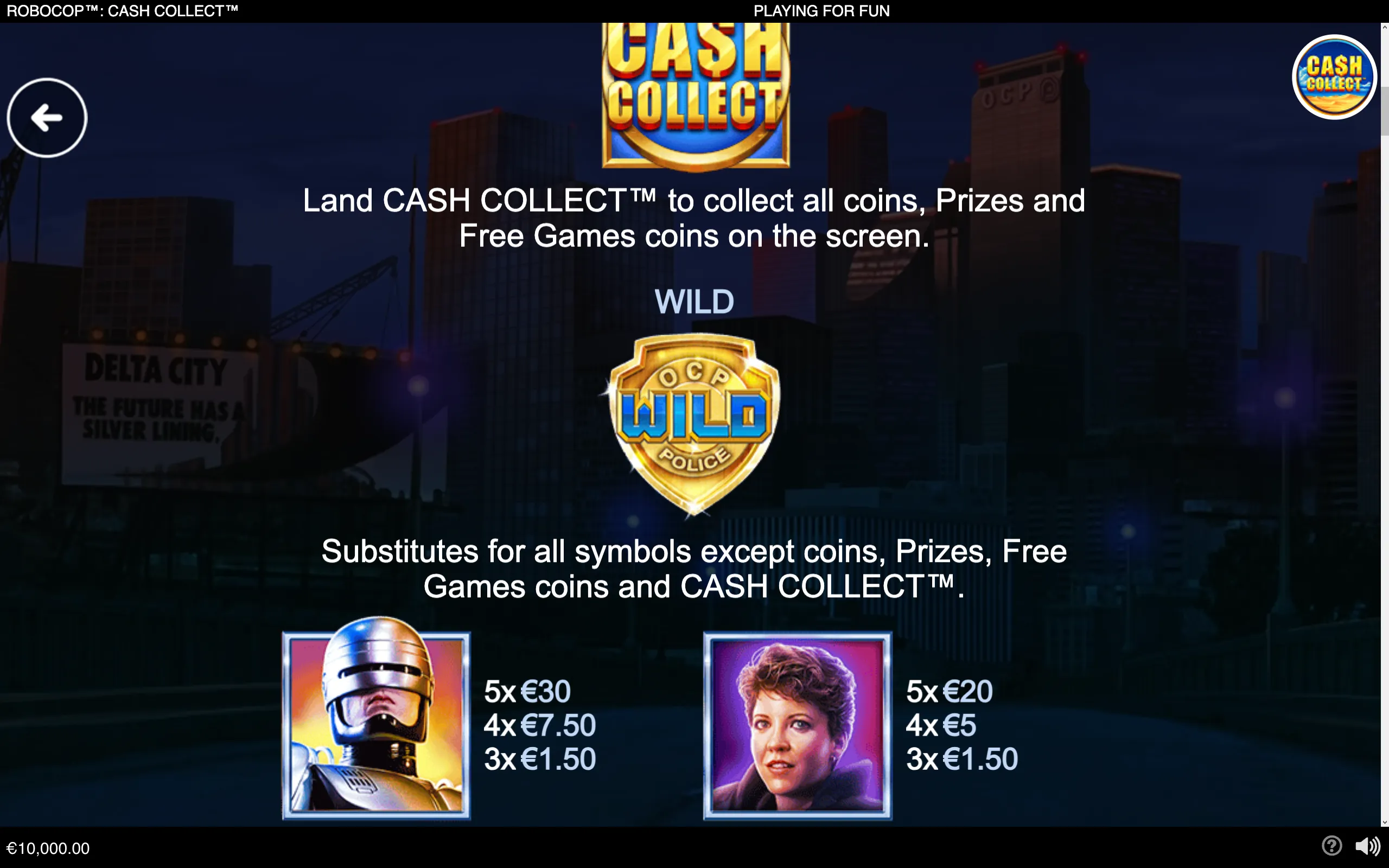 RoboCop: Cash Collect slot rules display featuring the CASH COLLECT logo, OCP Police WILD badge, RoboCop and supporting character symbols, set against a dark Delta City skyline.