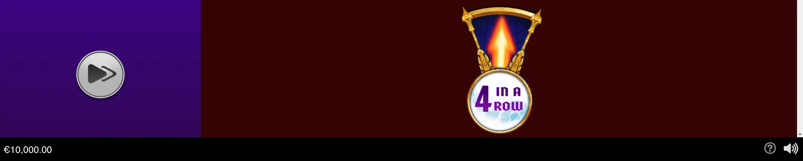 Slot game interface with a purple play panel, fiery gold emblem, and circular badge reading “4 IN A ROW,” alongside a €10,000.00 display.