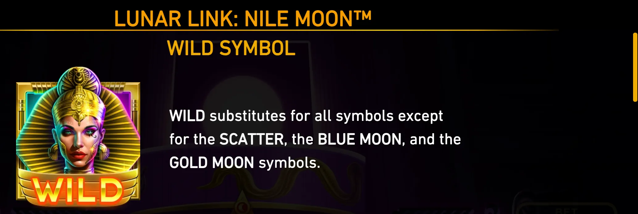 Egyptian-inspired Wild symbol featuring a jeweled woman beneath a scarab headdress, with text explaining its substitutions in Lunar Link: Nile Moon.