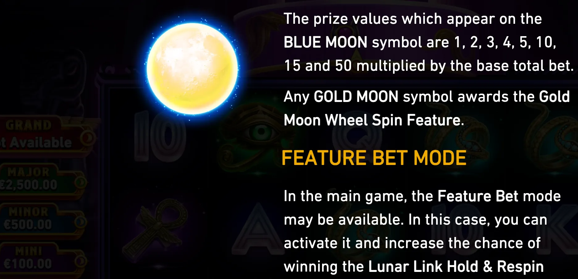 Egyptian-themed slot feature panel with a glowing blue-edged golden moon, prize multiplier instructions, jackpot labels, and dark reel symbols including an ankh and stylized eye.