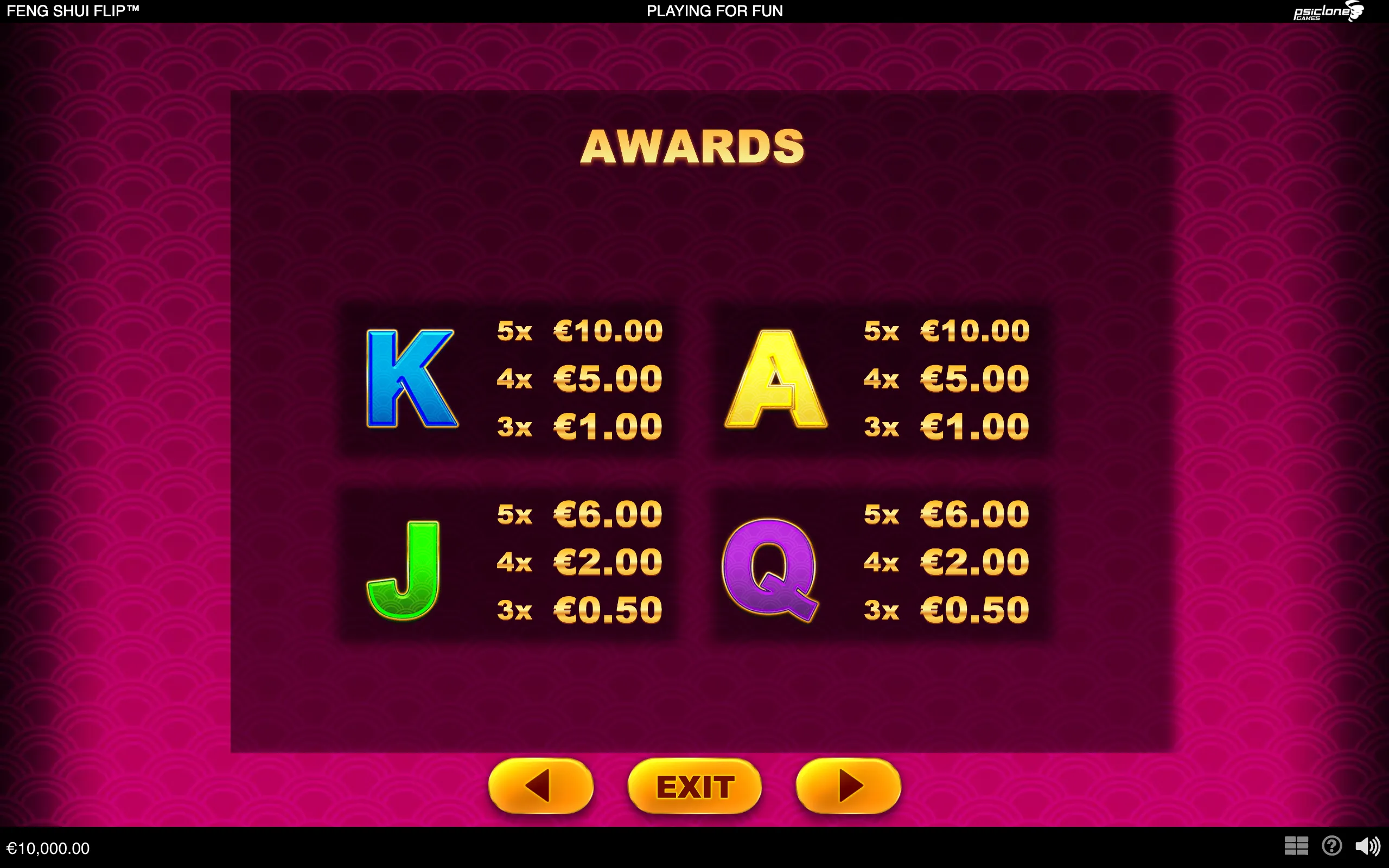 Feng Shui Flip awards table with colorful K, A, J, and Q symbols, gold euro payouts, navigation buttons, and a magenta Chinese-inspired patterned backdrop.