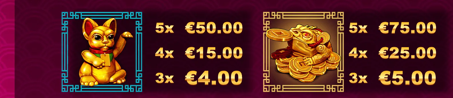 Feng Shui Flip slot preview featuring a golden lucky cat and a Chinese money frog surrounded by coins, with listed euro payouts on a dark magenta backdrop.