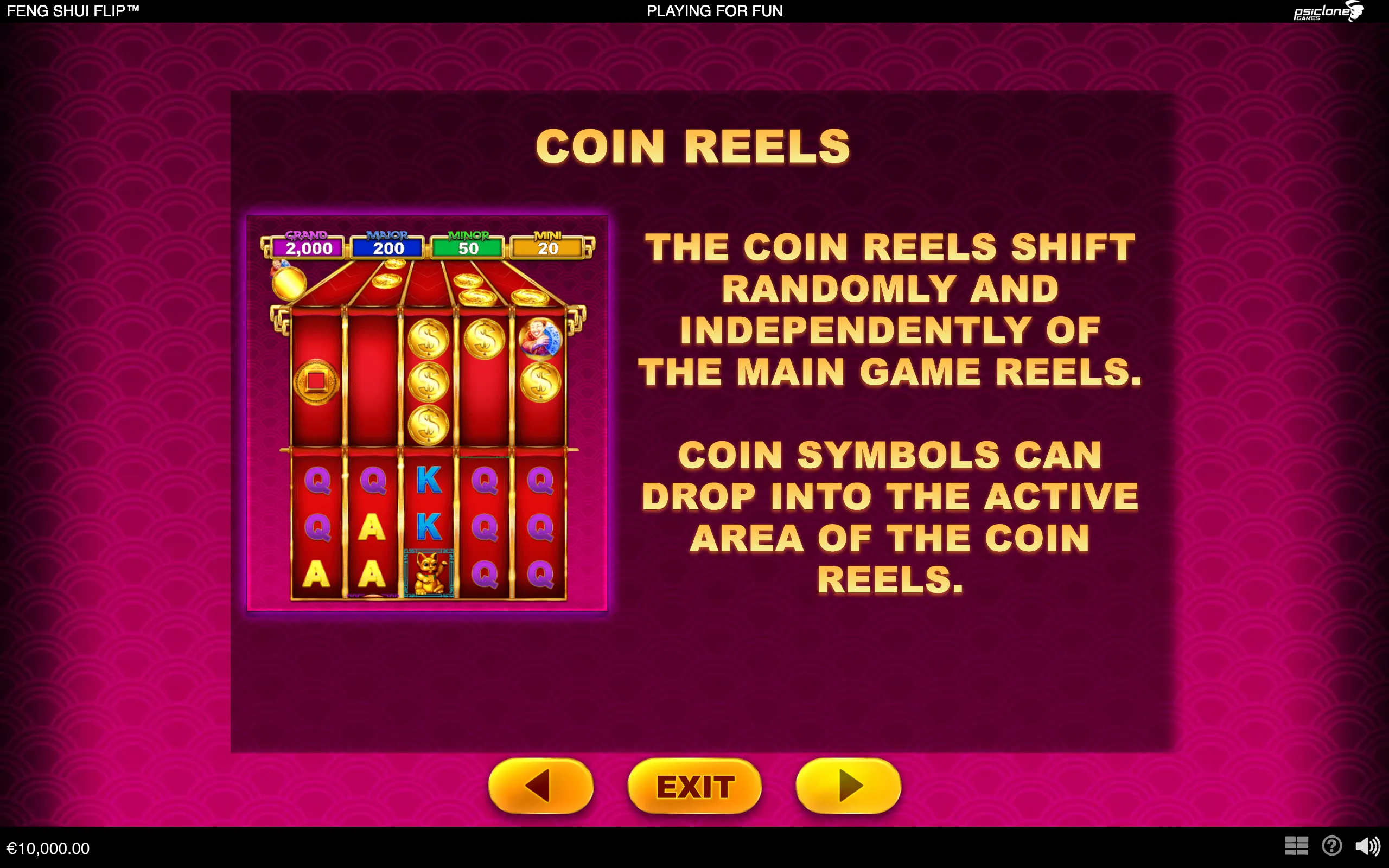 Feng Shui Flip slot feature panel with red-and-gold reels, coin symbols, jackpot tiers, lucky cat imagery, and a magenta Chinese wave-pattern backdrop.