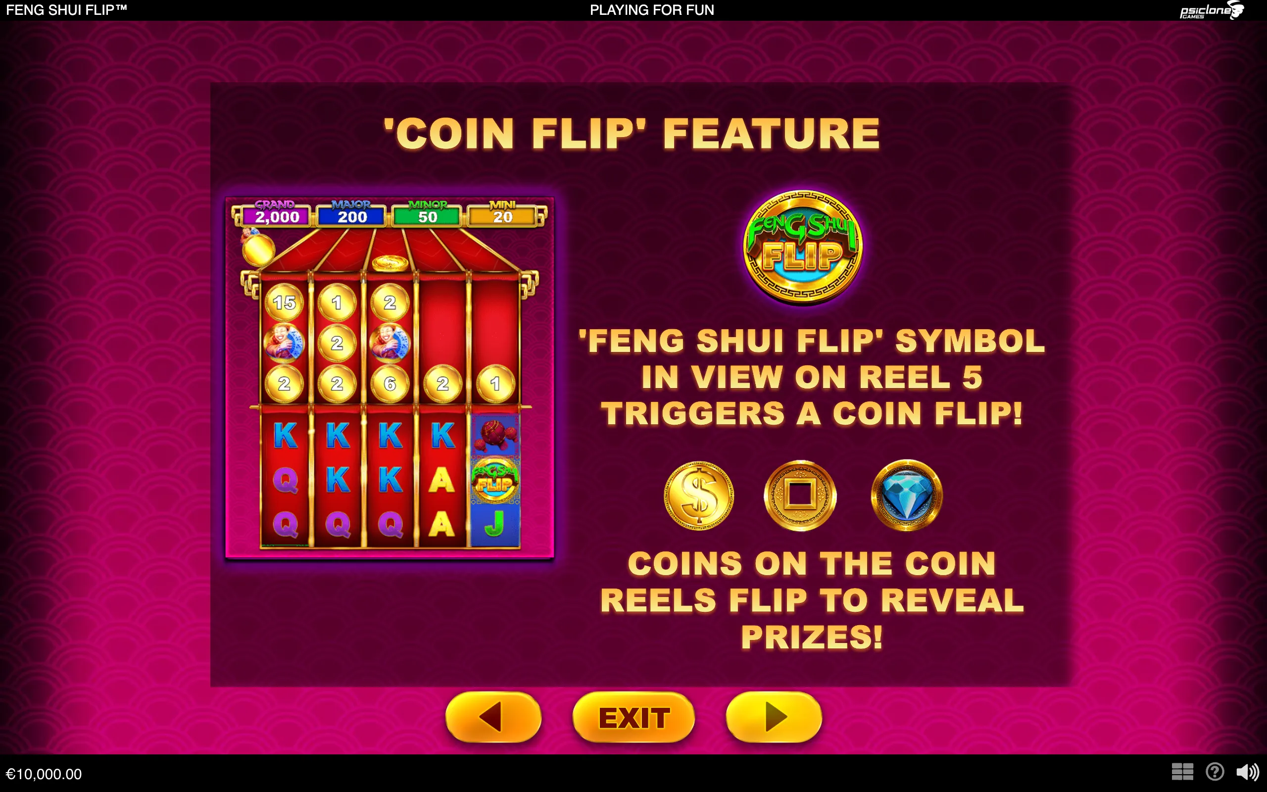 Feng Shui Flip slot feature guide with red-and-gold reels, numbered coin symbols, jackpot tiers, and the Feng Shui Flip logo against a magenta Chinese-inspired patterned backdrop.