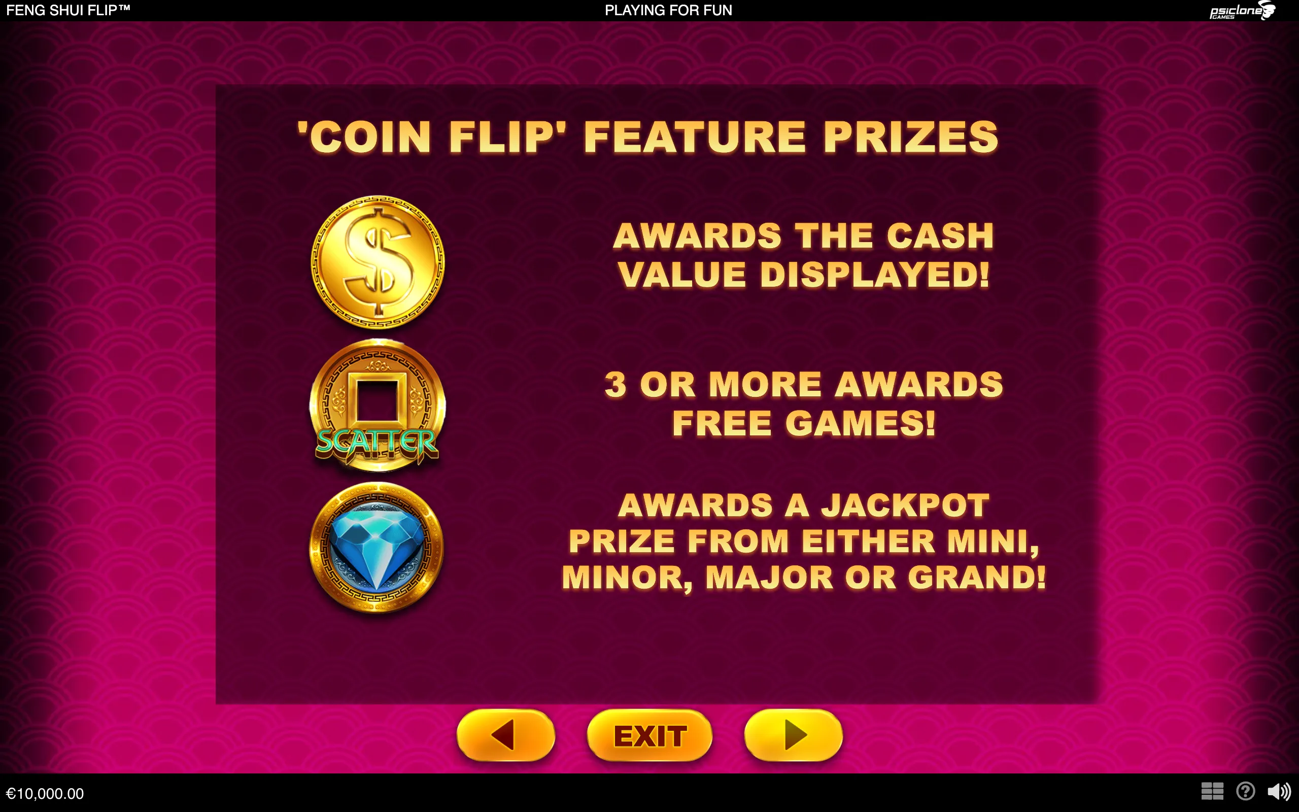Feng Shui Flip feature guide with gold coin, scatter coin, and blue gemstone symbols against a patterned magenta backdrop, explaining cash awards, free games, and Mini through Grand jackpots.