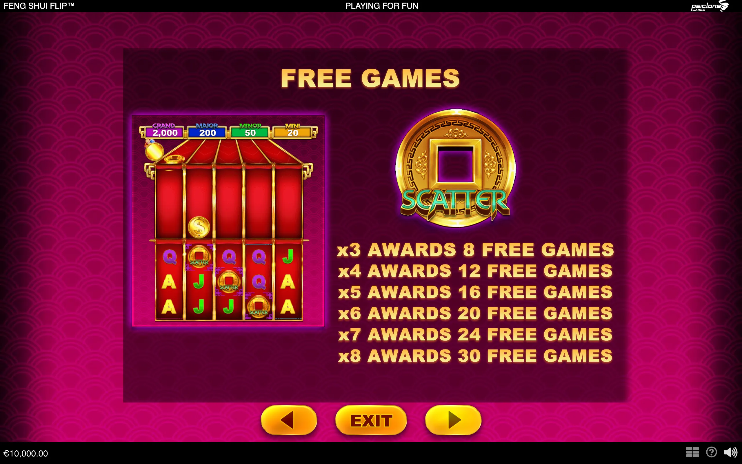 Feng Shui Flip free games feature with a Chinese coin Scatter symbol, slot reels, jackpot tiers, and awards ranging from 8 to 30 free games.