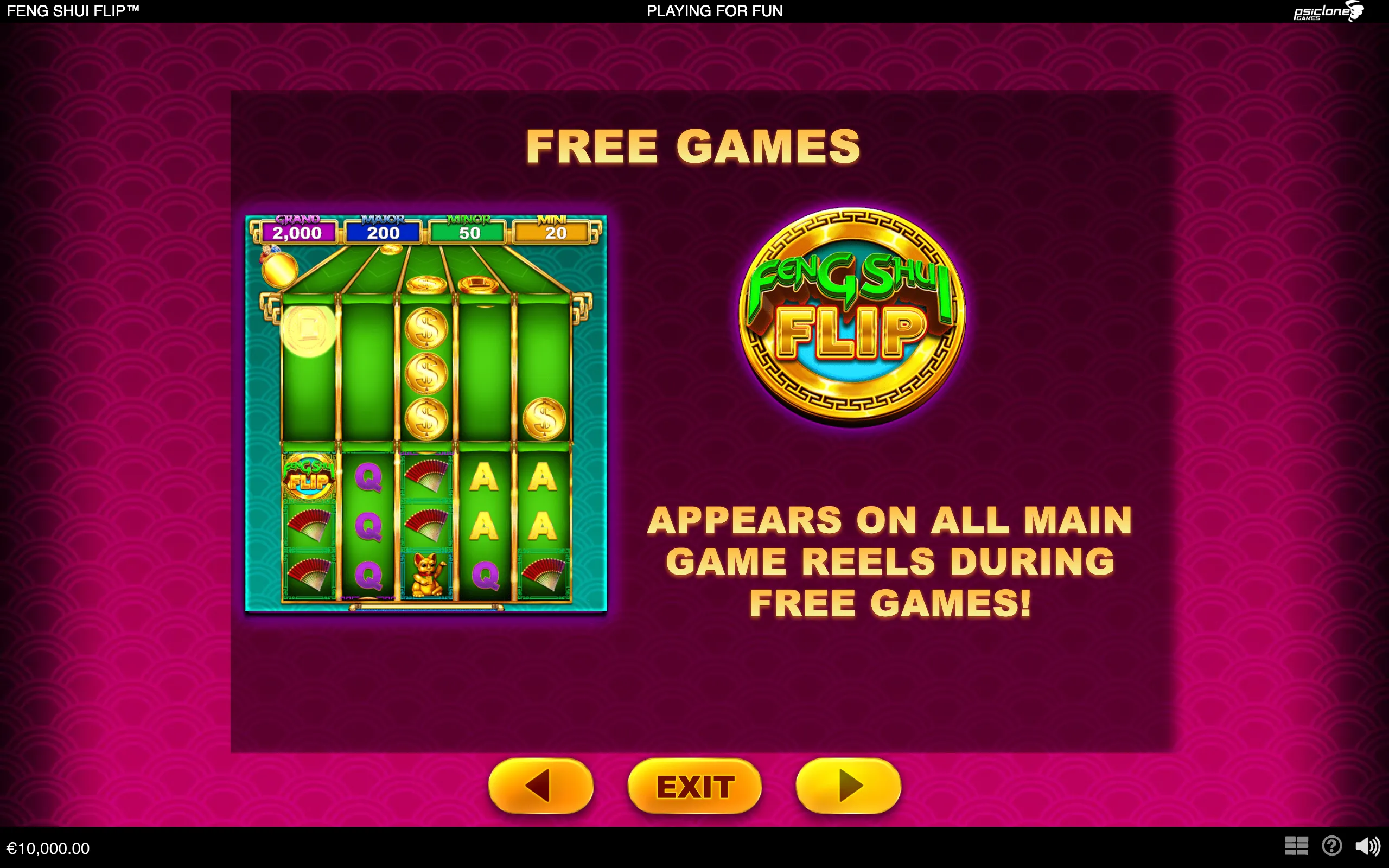 Feng Shui Flip slot free games feature with green reels, gold coin symbols, jackpot labels, and a large Chinese-inspired Feng Shui Flip emblem on a magenta patterned backdrop.
