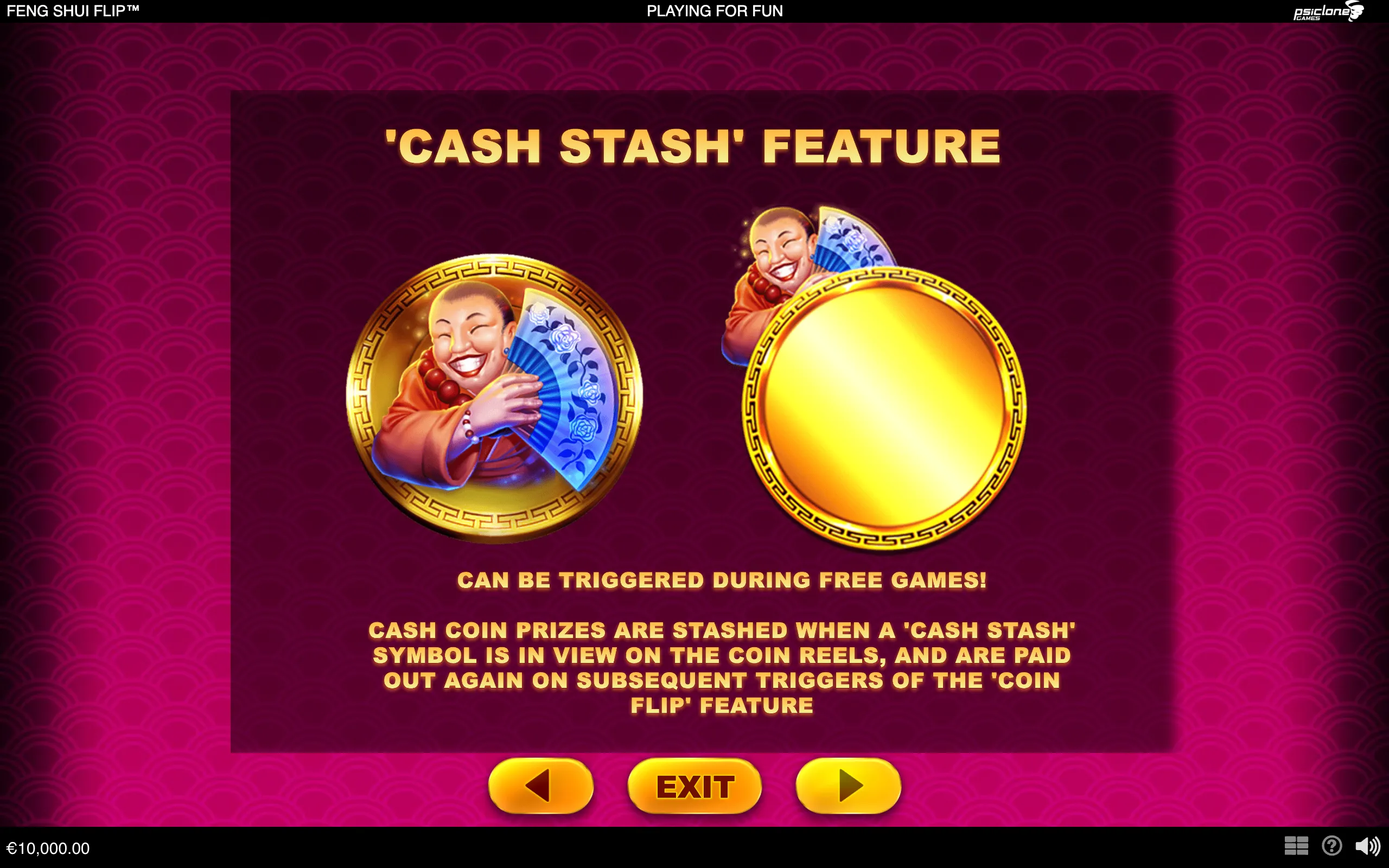 Feng Shui Flip feature panel with a smiling Chinese monk holding a blue fan beside ornate gold coins on a magenta patterned backdrop, introducing the Cash Stash feature.