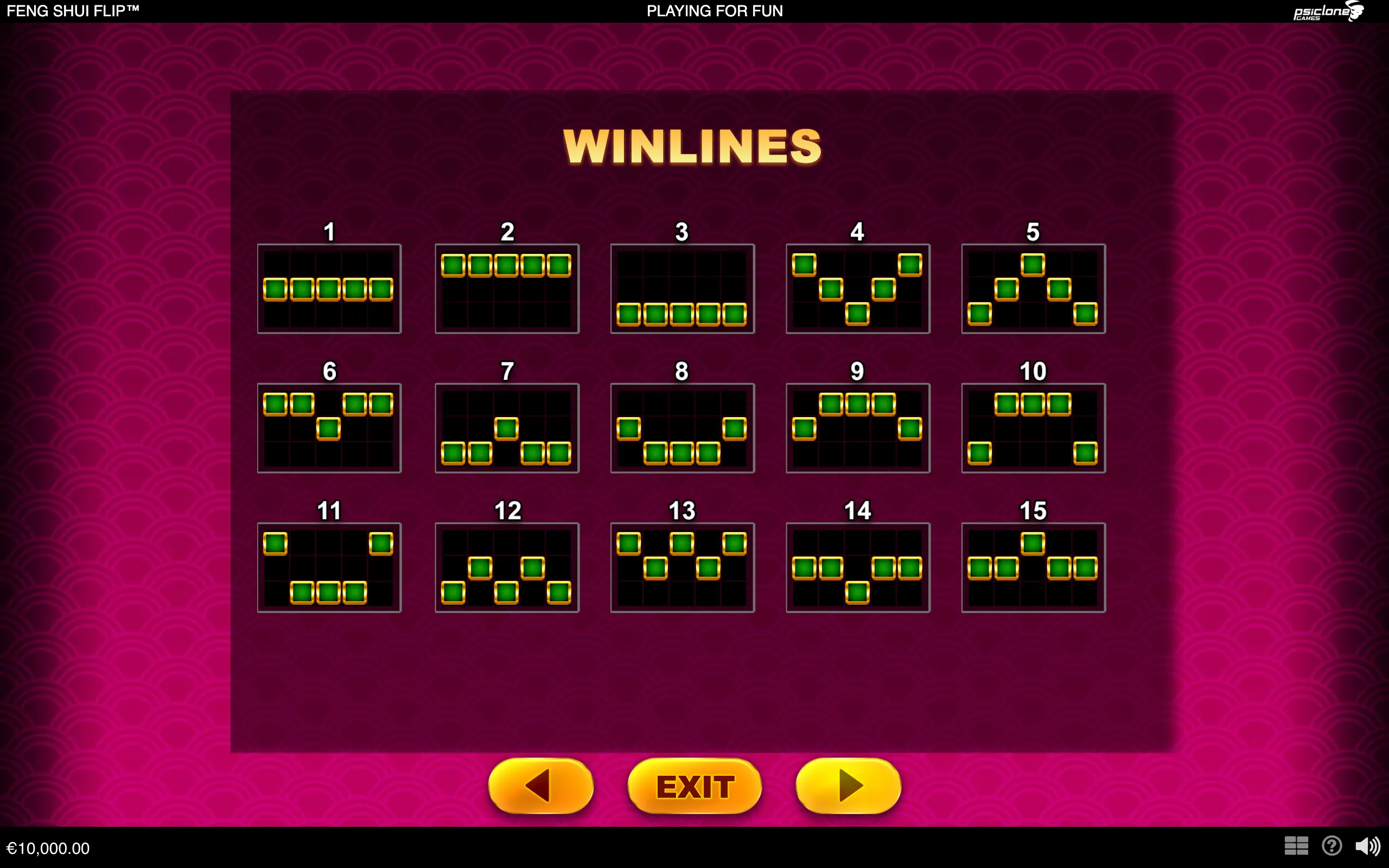 Feng Shui Flip winlines menu displaying 15 numbered green-and-gold symbol patterns on a magenta Chinese-inspired backdrop, with navigation controls below.