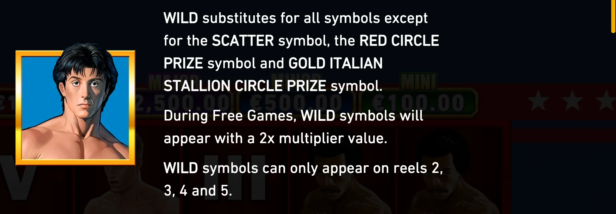 Rocky-themed slot rules panel featuring a portrait of a boxer beside text explaining Wild symbols, Scatter and prize symbols, reel positions, and 2x free-game multipliers.