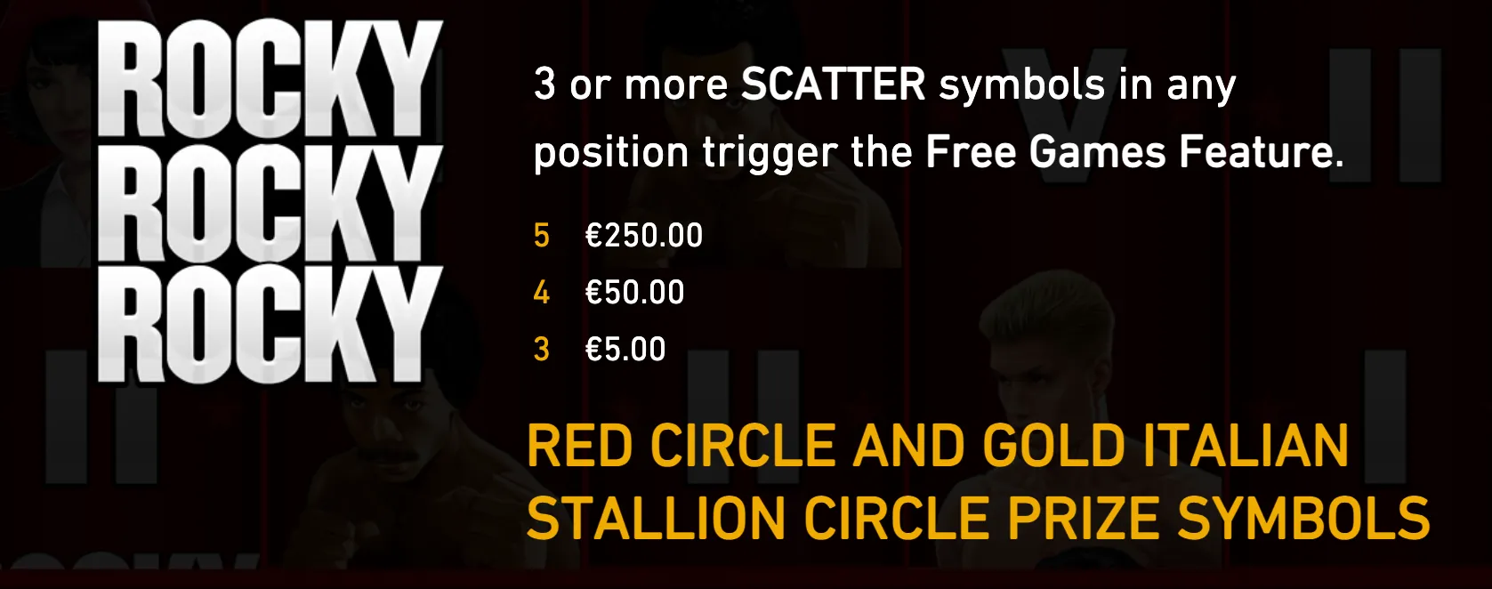 Rocky slot feature artwork with bold white title lettering, shadowy boxing characters, and text explaining Scatter-triggered free games and prize values.