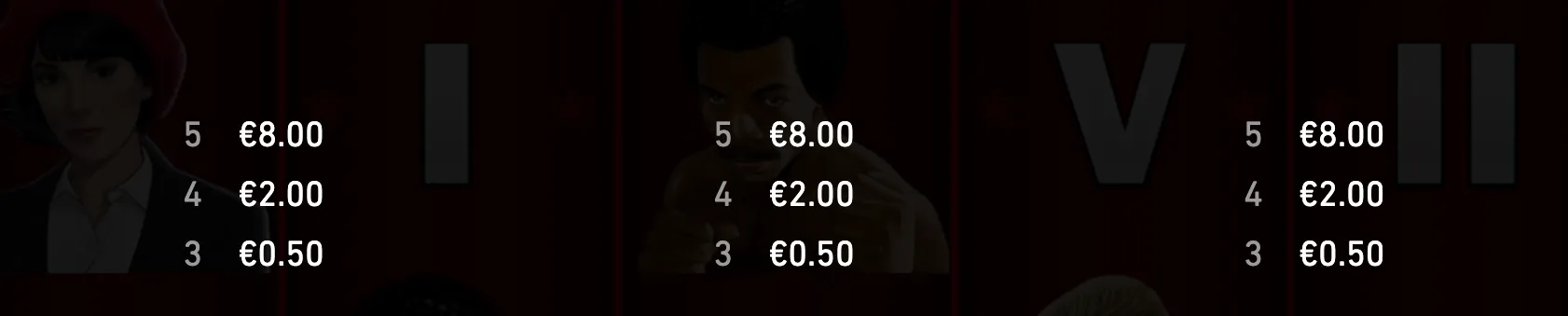 Dark boxing-themed slot artwork featuring stylized fighters and large Roman-numeral symbols beside payout values of €8.00, €2.00, and €0.50.