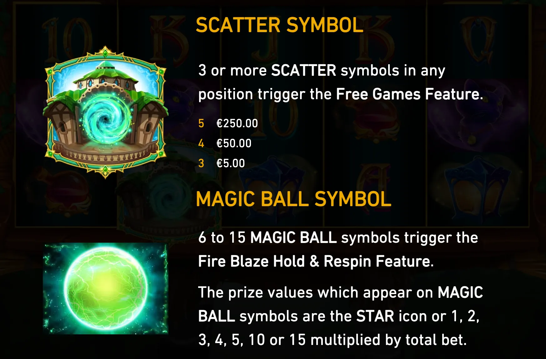 Green Wizard Fire Blaze feature guide with a glowing portal scatter symbol, a luminous Magic Ball, and text explaining free games, prize values, and bonus triggers.